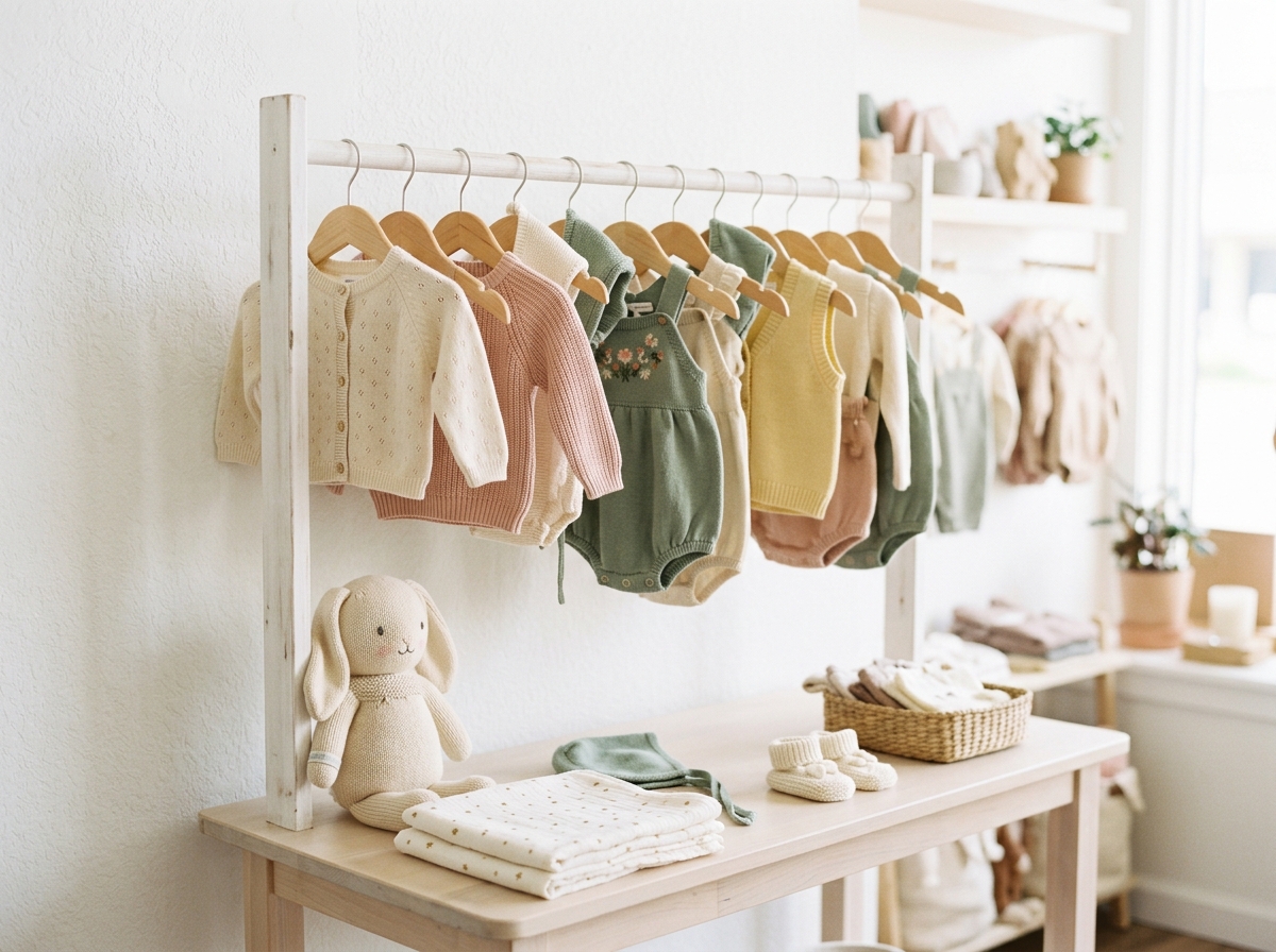 Baby sweaters and rompers in cream, blush and sage hanging on small wooden hangers