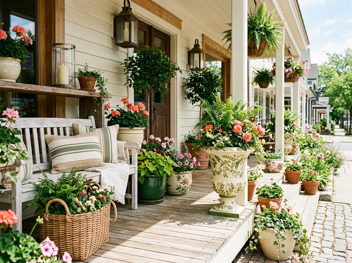 A sunny front porch with lanterns, potted ferns, flowering planters and a whitewashed bench