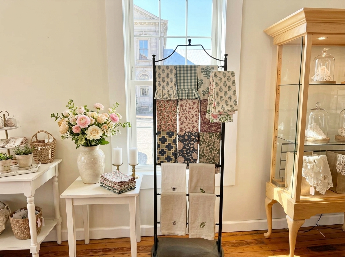 A rack of folded floral and gingham tea towels beside a vase of pink flowers in bright daylight
