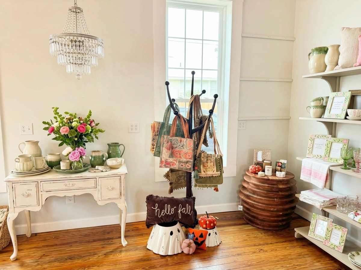 A sunlit boutique interior with cream walls, honey wood floors, a crystal chandelier, and shelves of home decor