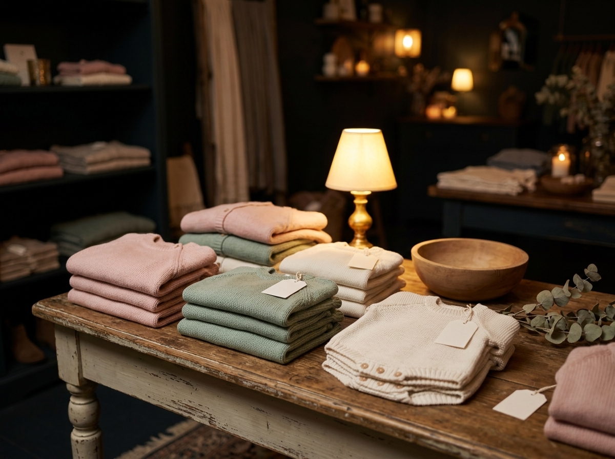 Soft baby clothing in blush, sage, and cream folded on a wooden table