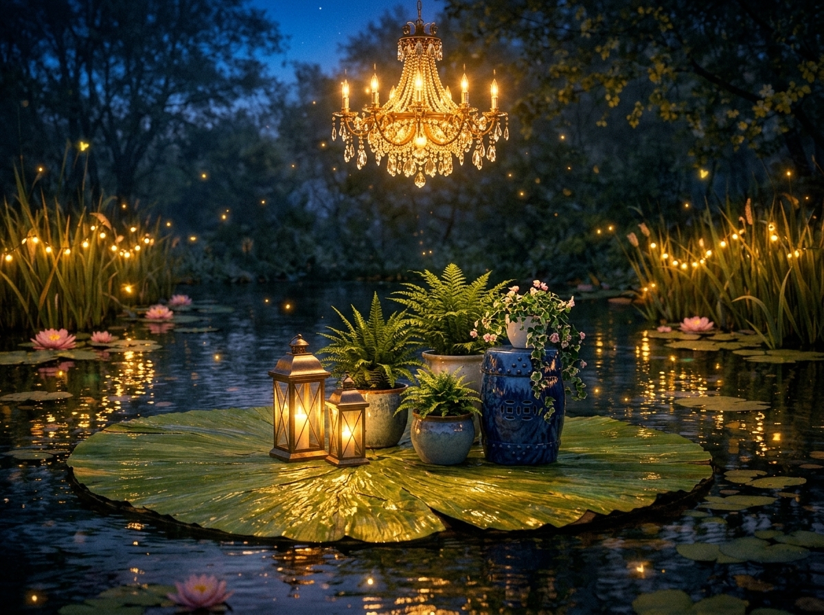 Lanterns, potted ferns, and garden decor glowing at dusk