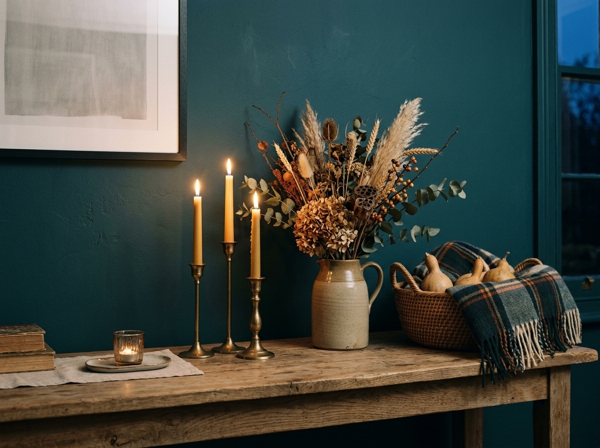 A console table styled with candlesticks, dried florals, and a plaid throw