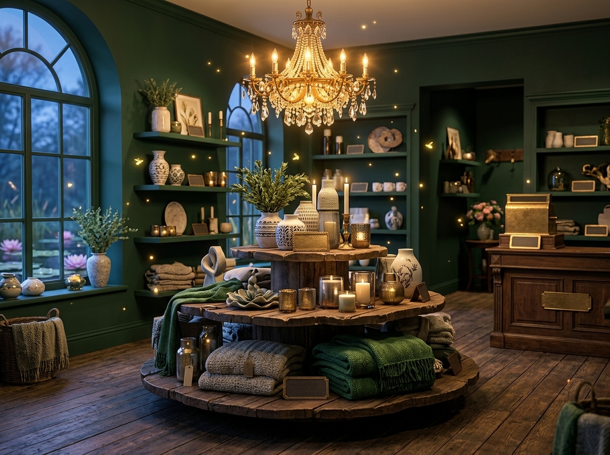 A cozy boutique interior with deep green walls, a chandelier, and shelves of home decor